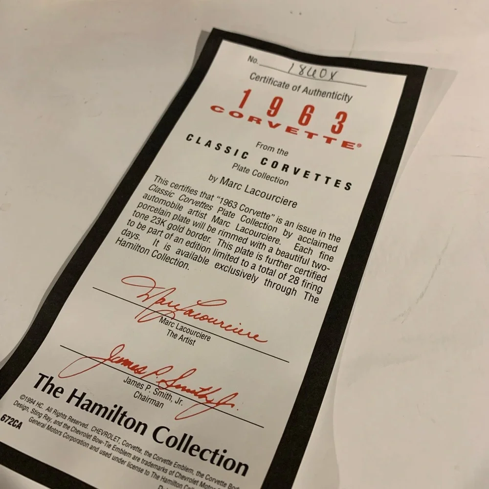 The Hamilton Collection 1963 Corvette Sting Ray Plate # 1860 X
